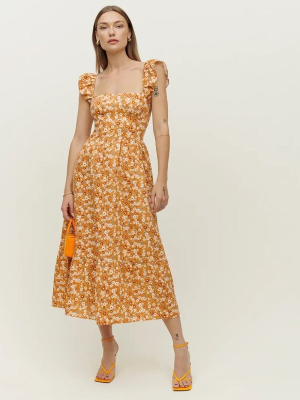Reformation Lucila Linen Midi Dress, Yellow Floral in Size 6
